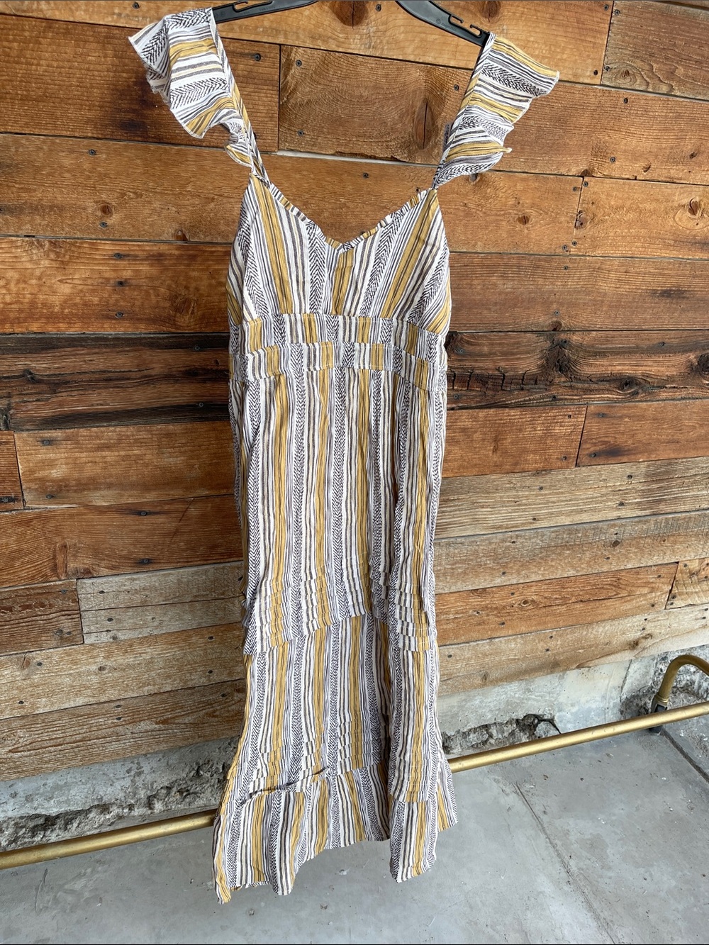 Striped Ruffle-Shoulder Midi Dress in White and Mustard